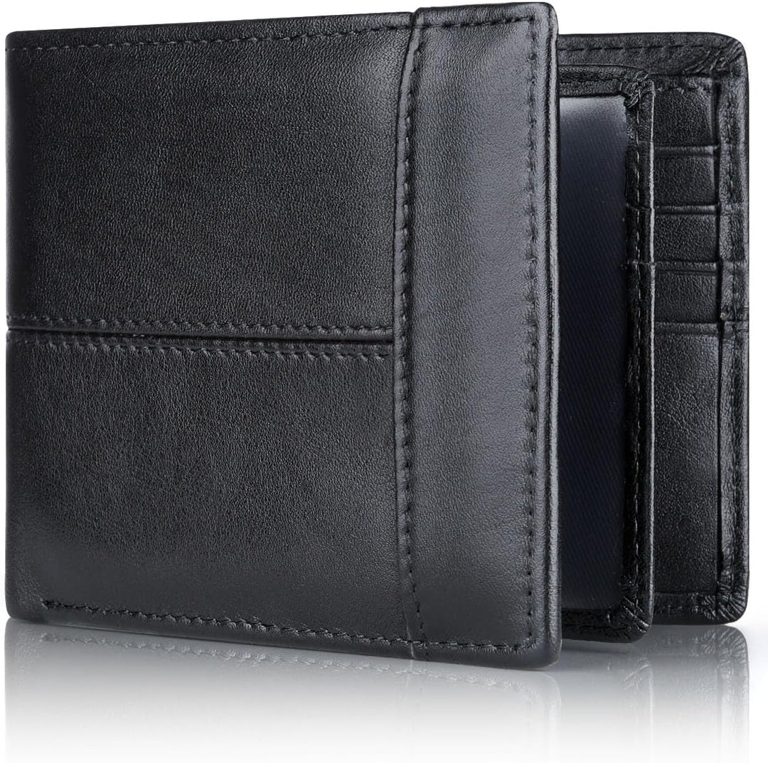 Schwarze Leder-Geldbörse für Herren, faltbar, mit Kartenfächern, elegantes Design.