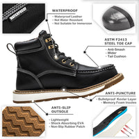 Schwarzer Sicherheitsstiefel, wasserdicht, Stahlkappe, rutschfeste Sohle, Kevlar-Anti-Punktur.