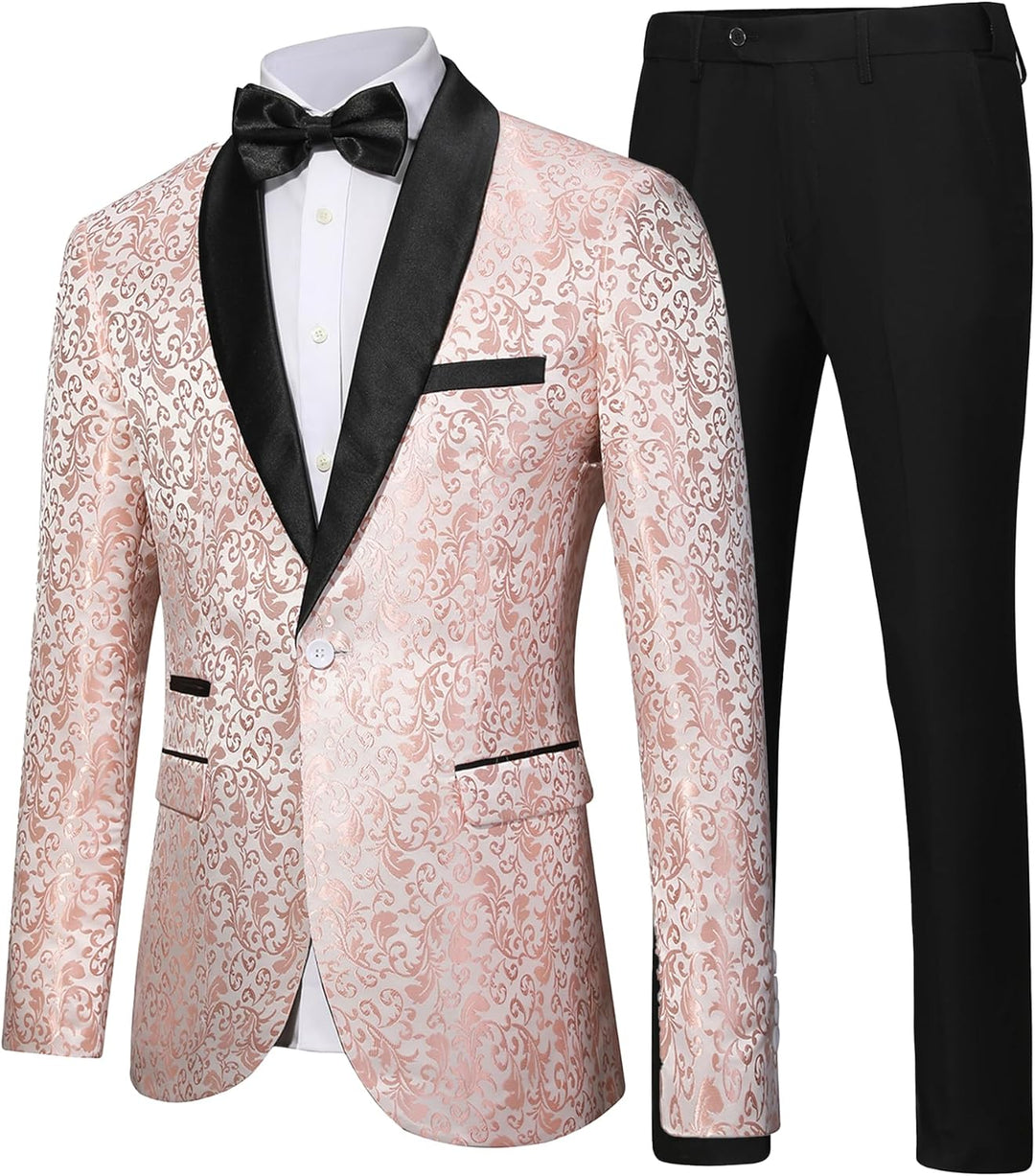 Herren Smoking Anzug, rosa Brokatjacke, schwarzer Revers, schwarze Hose, festliche Mode.