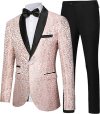 Herren Smoking Anzug, rosa Brokatjacke, schwarzer Revers, schwarze Hose, festliche Mode.