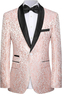 Herren Smokingjacke rosa mit schwarzem Revers, florales Muster, festliche Abendmode.