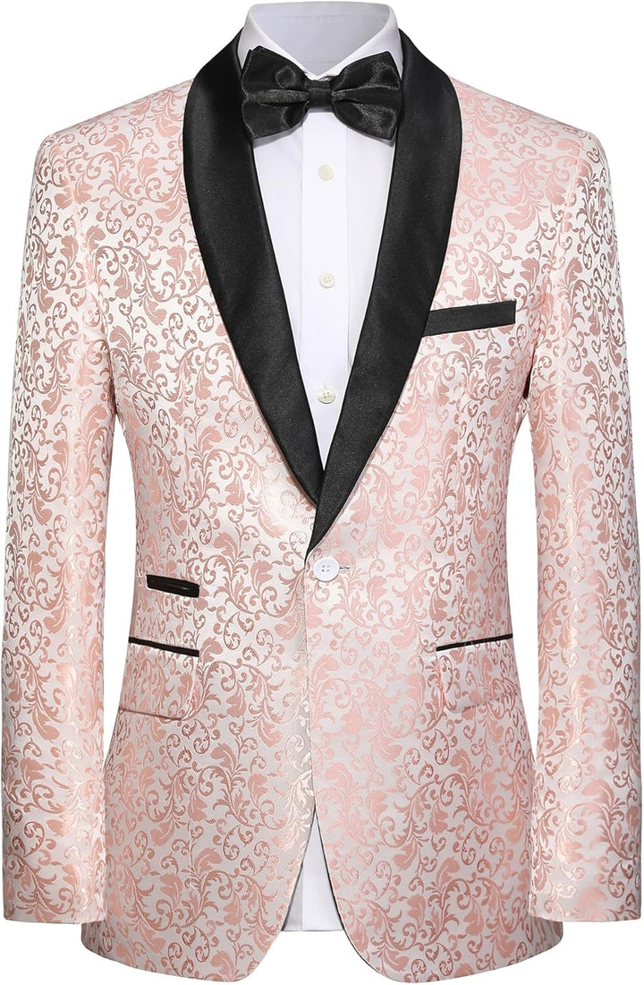 Herren Smokingjacke rosa mit schwarzem Revers, florales Muster, festliche Abendmode.