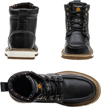 Schwarze Leder-Arbeitsstiefel mit Stahlkappe, rutschfeste Sohle, Herren, robust, langlebig.