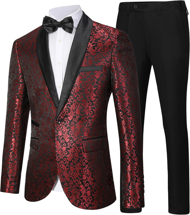 Roter Brokatanzug mit schwarzem Revers, weißem Hemd und Fliege, festliche Herrenmode.