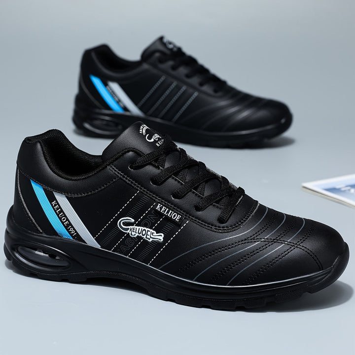 Schwarze Sportschuhe mit blauen Akzenten, atmungsaktiv, rutschfeste Sohle, Herren Sneaker.
