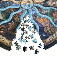 Rundes Puzzle mit Tiermotiven, bunte Teile, unvollständig, kreative Illustration.