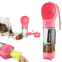 Rosa tragbare Hundewasserflasche mit Futterbehälter, ideal für unterwegs.