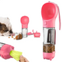 Rosa tragbare Hundewasserflasche mit Futterbehälter, ideal für unterwegs.
