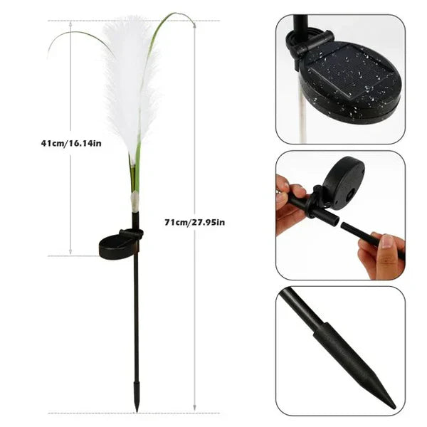 Solarbetriebene Gartenleuchte mit Federdesign, schwarz, 71 cm, wetterfest, für Außenbereich.
