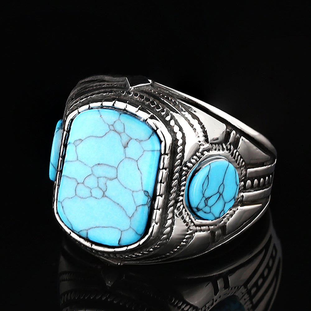 Silberring mit blauem Türkis-Stein, quadratisch, Herrenring, Schmuck, elegant, modisch.