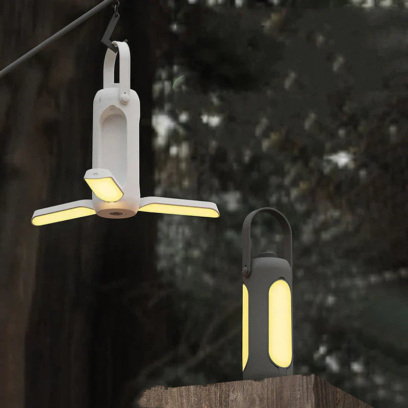 Tragbare LED-Campinglampe, faltbar, weiß und schwarz, Outdoor-Beleuchtung, hängend.
