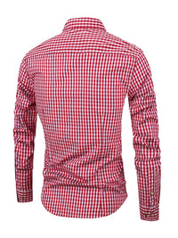 Rot-weiß kariertes Herrenhemd, langärmelig, Baumwolle, Freizeitmode, Rückansicht.