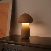 Holz-Pilzlampe auf Tisch, warmes Licht, modernes Design, Nachtlicht, Dekoration, Schlafzimmer.