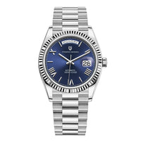 Silberne Automatikuhr mit blauem Zifferblatt, Edelstahlarmband, Datumsanzeige, Herrenuhr.