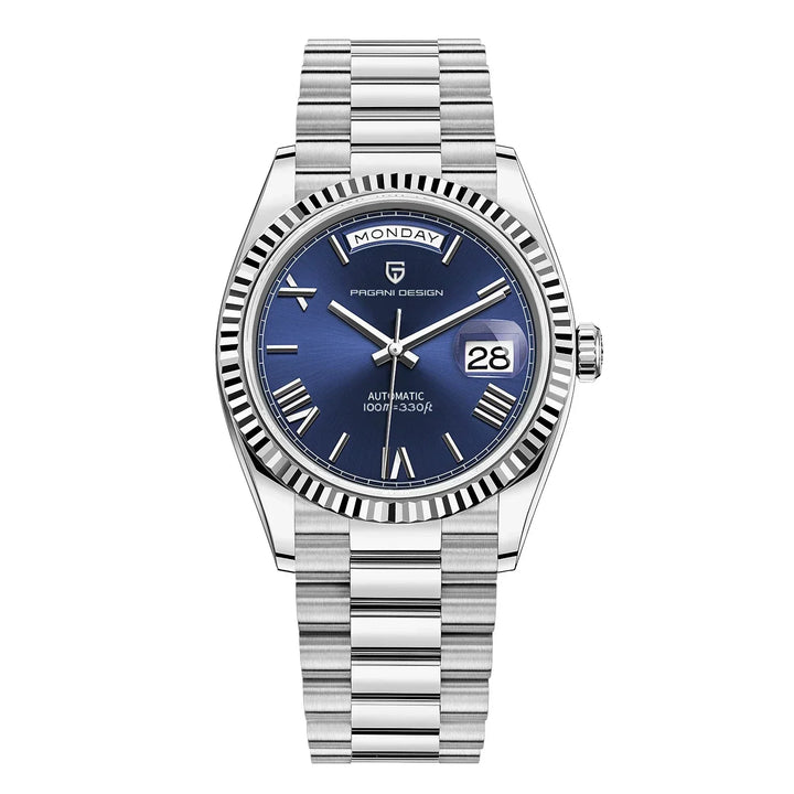 Silberne Automatikuhr mit blauem Zifferblatt, Edelstahlarmband, Datumsanzeige, Herrenuhr.