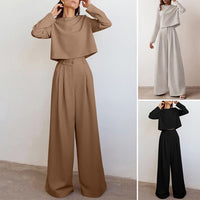 Damen-Zweiteiler Set, weite Hose und Oberteil, beige, grau, schwarz, elegantes Design.