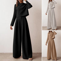 Damen-Zweiteiler Set, schwarz, beige, weiß, langärmelig, weite Hose, elegantes Design.