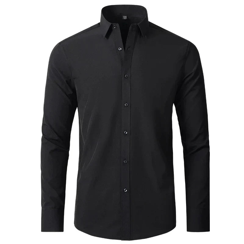 Schwarzes Herrenhemd, langärmelig, Knopfleiste, klassischer Kragen, elegantes Design.