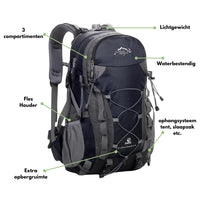 Schwarzer Outdoor-Rucksack, wasserfest, 3 Fächer, Flaschenhalter, leicht, Trekking.