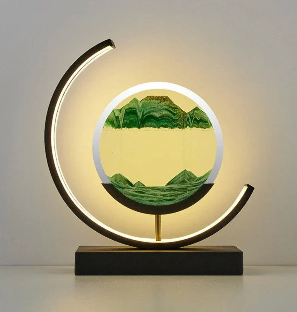 Moderne Sanduhrlampe mit LED, runder Rahmen, grünem Sand, dekorative Tischleuchte.