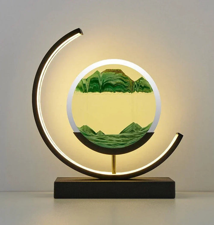 Moderne Sanduhrlampe mit LED, runder Rahmen, grünem Sand, dekorative Tischleuchte.