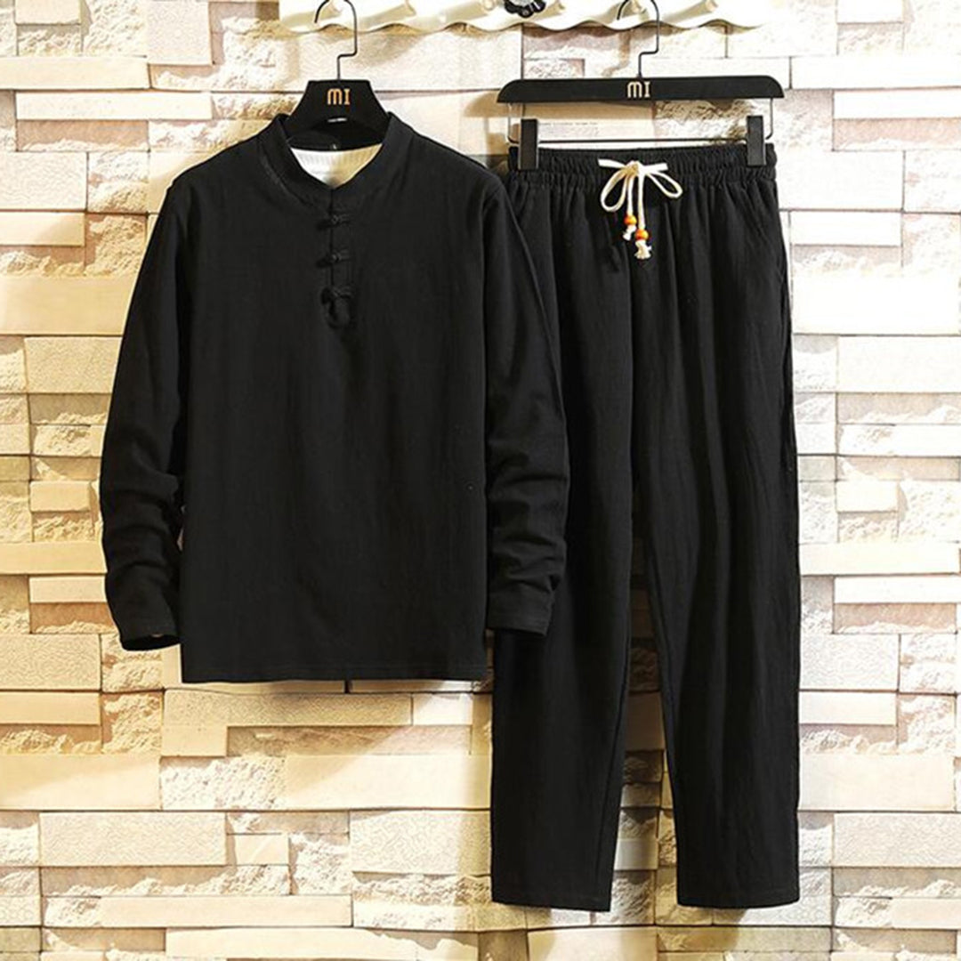 Schwarzer Herren-Pyjama-Set, Baumwolle, Langarm, Kordelzughose, bequem, stilvoll