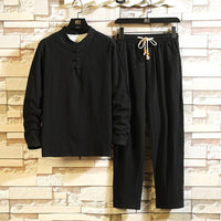 Schwarzer Herren-Pyjama-Set, Baumwolle, Langarm, Kordelzughose, bequem, stilvoll