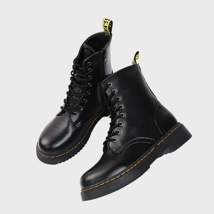 Schwarze Lederstiefel mit Schnürung, robuste Sohle, modisch, Unisex, klassisches Design.