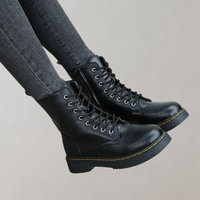 Schwarze Lederstiefel mit Schnürung, Damenmode, robustes Design, Herbst-Winter-Trend.