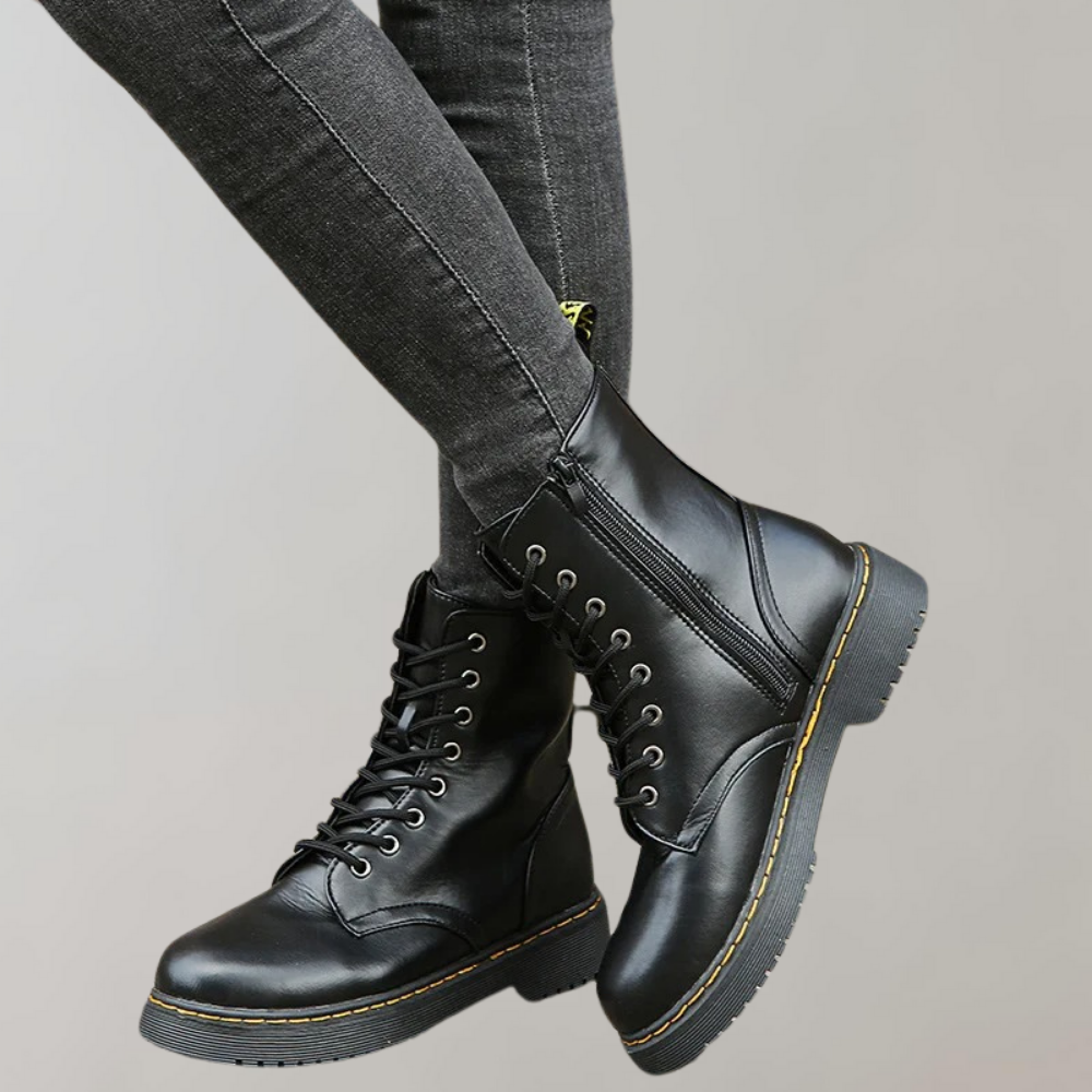 Schwarze Lederstiefel mit Schnürung und Reißverschluss, Damenmode, robuste Sohle.