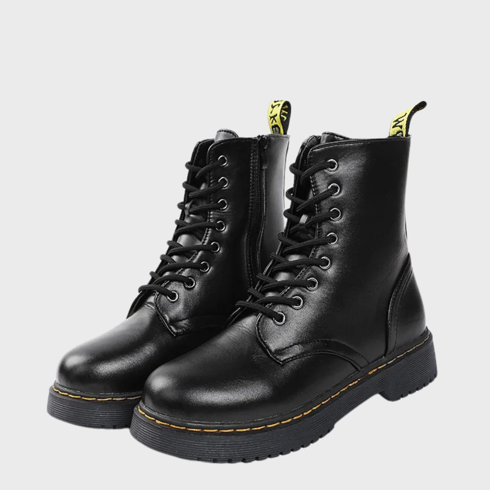 Schwarze Lederstiefel, Schnürung, robuste Sohle, modisch, Unisex, Herbst/Winter.