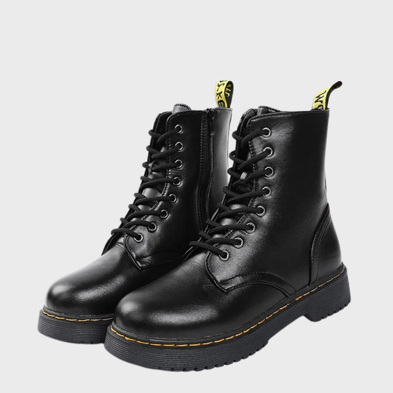 Schwarze Lederstiefel, Schnürung, robuste Sohle, modisch, Unisex, Herbst/Winter.