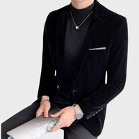 Schwarzes Herren-Sakko, elegantes Design, samtig, modisch, ideal für formelle Anlässe.