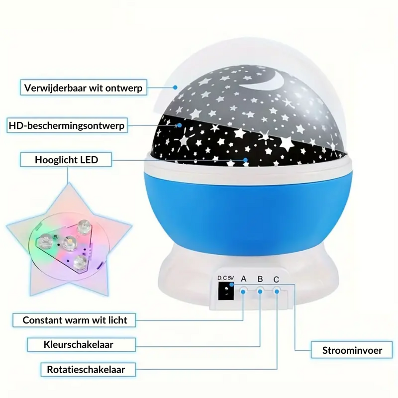 Blauer LED-Sternenprojektor mit abnehmbarem Design, HD-Schutz, Farbwechsel, Rotationsfunktion.