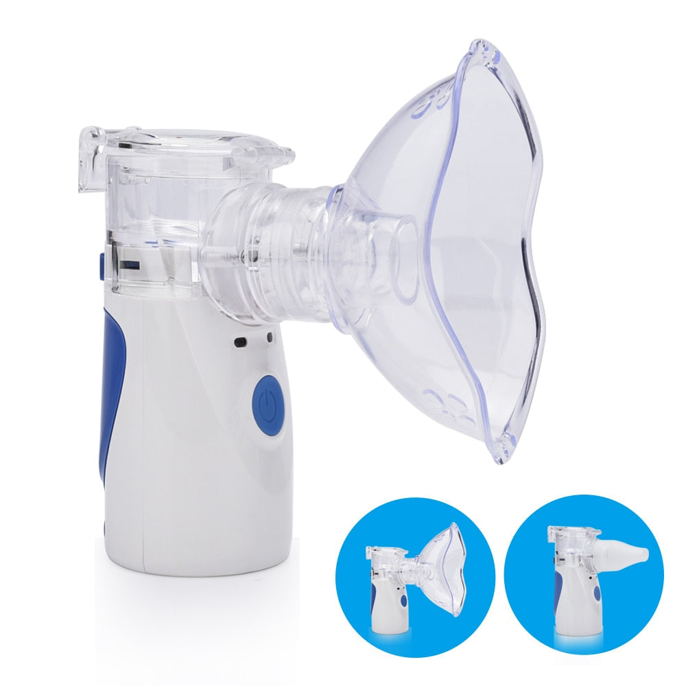 Tragbarer weißer Inhalator mit blauem Knopf, ideal für Asthma und Atemwegserkrankungen.