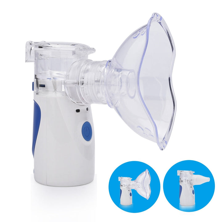 Tragbarer weißer Inhalator mit blauem Knopf, ideal für Asthma und Atemwegserkrankungen.