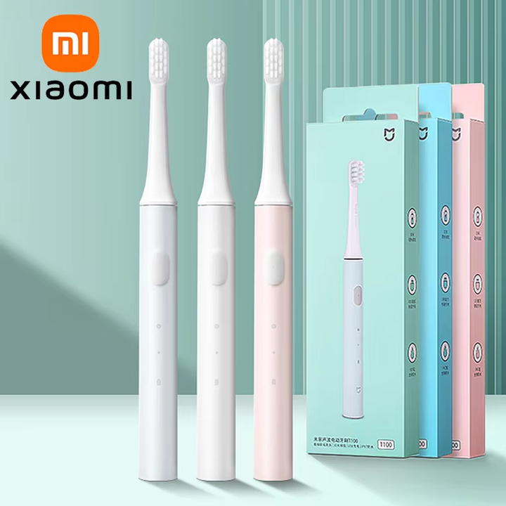 Drei Xiaomi elektrische Zahnbürsten in Weiß und Rosa mit Verpackung, moderne Zahnpflege.