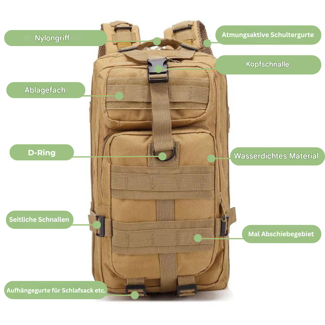 Beiger taktischer Rucksack, wasserdicht, Nylon, atmungsaktive Schultergurte, D-Ring.