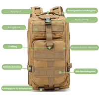 Beiger taktischer Rucksack, wasserdicht, Nylon, atmungsaktive Schultergurte, D-Ring.