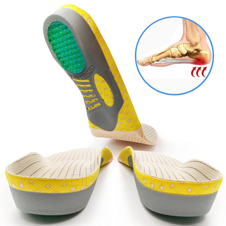 Gel-Einlegesohlen für Fußunterstützung, gelb-grau, orthopädisch, stoßdämpfend, Komfort.