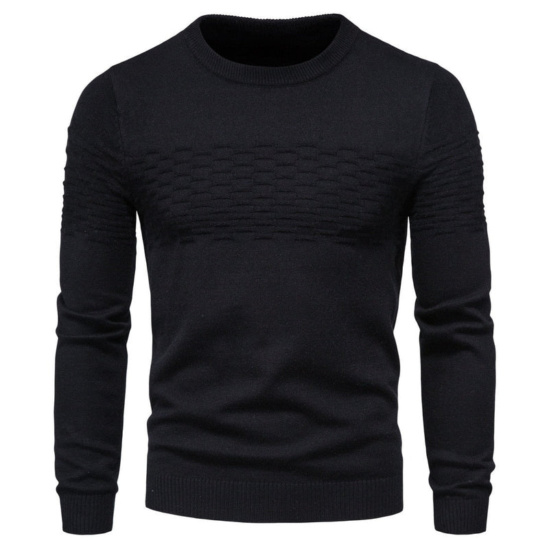 Schwarzer Herrenpullover, Strickmuster, Rundhalsausschnitt, Langarm, modisch, warm.