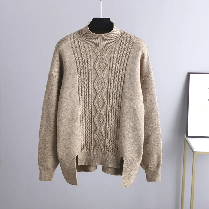 Beiger Strickpullover Damen, Zopfmuster, Rundhals, Wintermode, warm, elegant, gemütlich.