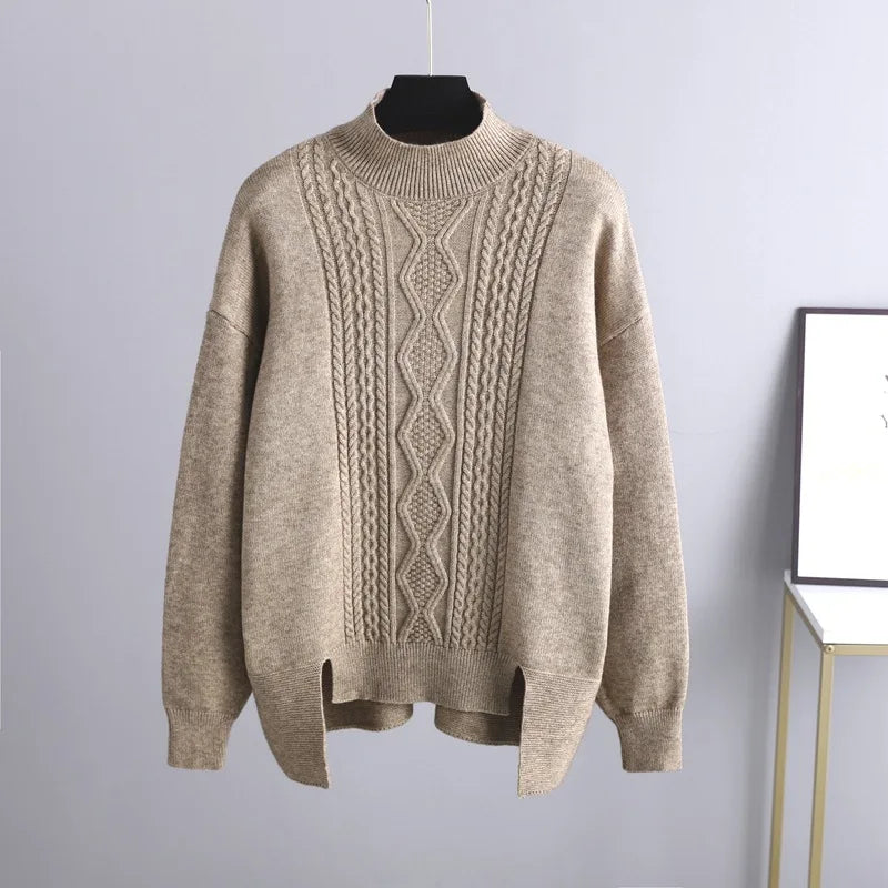 Beiger Strickpullover Damen, Zopfmuster, Rundhals, Wintermode, warm, elegant, gemütlich.