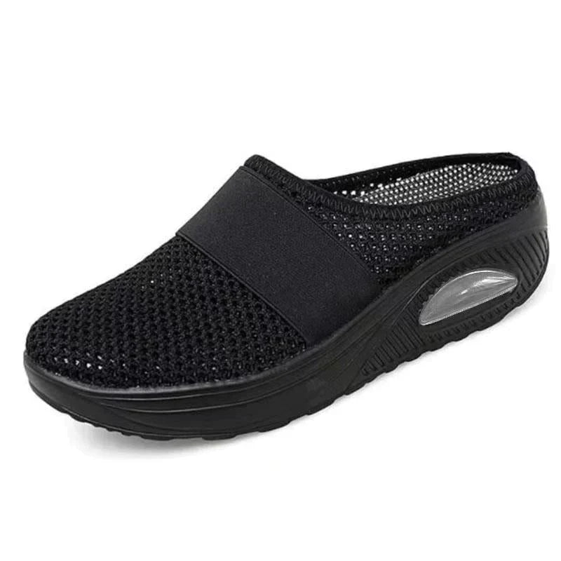 Schwarzer Mesh-Damenschuh, atmungsaktiv, rutschfest, bequem, für Alltag und Freizeit.