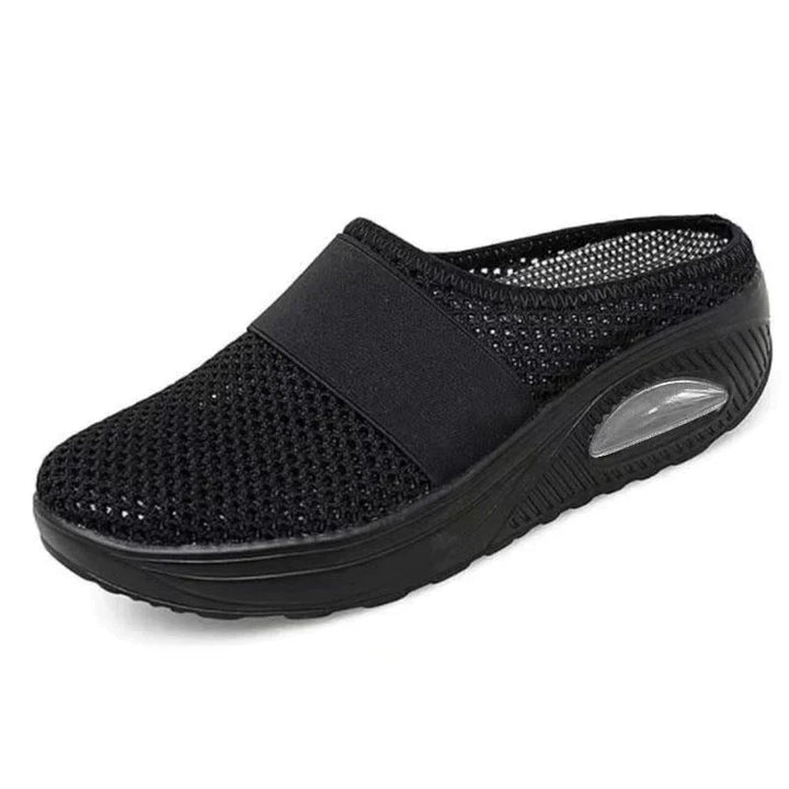 Schwarzer Mesh-Damenschuh, atmungsaktiv, rutschfest, bequem, für Alltag und Freizeit.