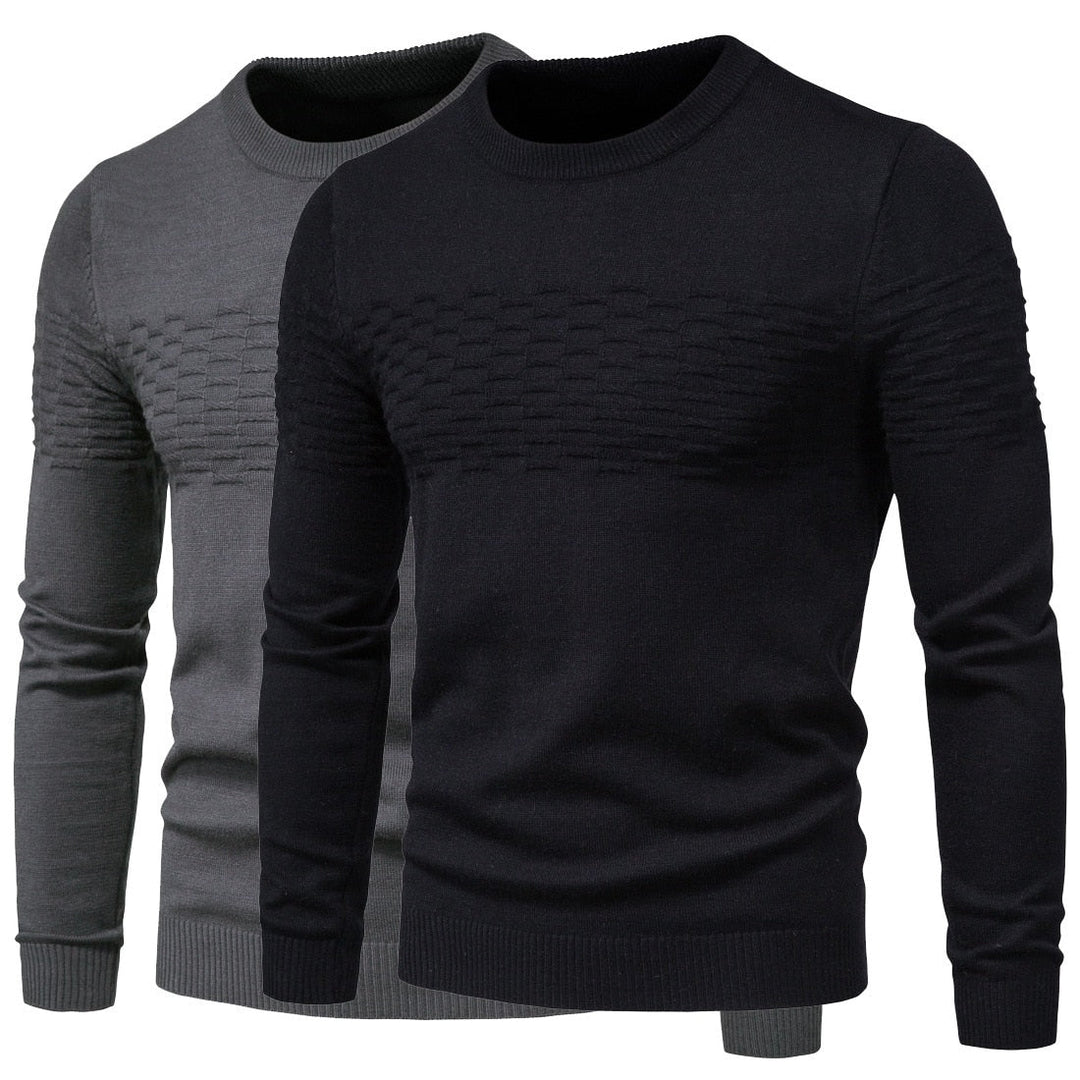 Zwei Herrenpullover, schwarz und grau, Strickmuster, Rundhalsausschnitt, langärmelig.