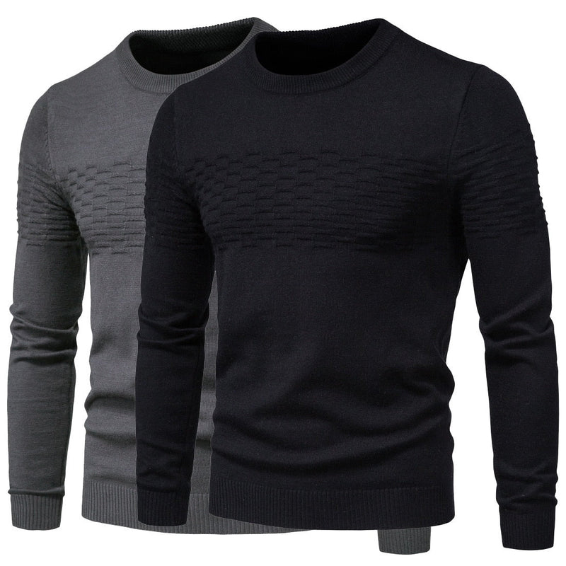 Zwei Herrenpullover, schwarz und grau, Strickmuster, Rundhalsausschnitt, langärmelig.