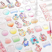 Bunte Acryl-Schlüsselanhänger und Aufkleber, kawaii Design, Pastellfarben, Dekoration.