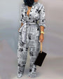 Damen Jumpsuit Zeitung Print, langärmelig, schwarz-weiß, modisch, elegant, Freizeitkleidung