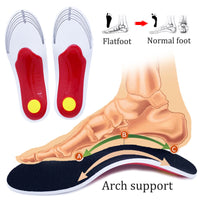 Orthopädische Einlegesohlen, Fußgewölbeunterstützung, flach, rot-gelb, für Plattfüße.